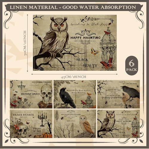 6 Pcs Halloween Placemats 12"x18" Gothic Bat Placemats Kitchen Decoration Washable Witch Place Mats Rectangle Skull Table Mats for Halloween Dining Table Accessories