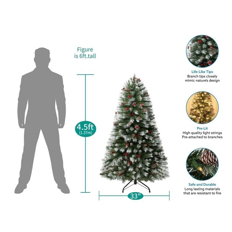 4.5ft Snow Flocked Spruce Christmas Tree with 200 Warm Lights and Metal Stand