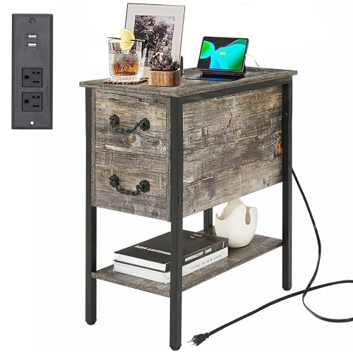 End Tables Narrow Nightstands with Charging Station & USB Ports &Drawers