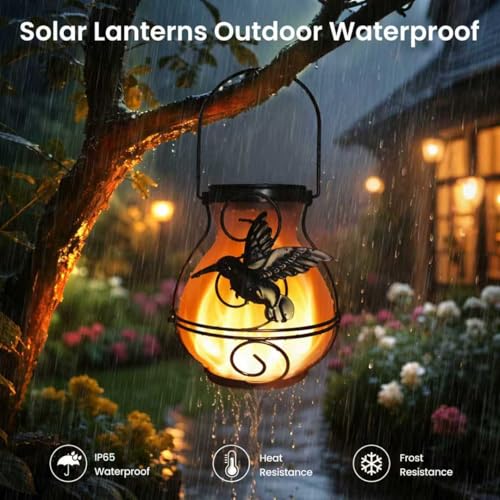2 Pack Solar Lanterns Outdoor Waterproof Flickering Flame Lights Hummingbird Metal Hanging Solar Lantern Patio Porch Garden Decoration (2 Count)