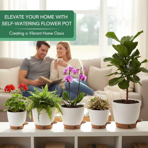 5-Pack Self-Watering Planters with Wick & Reservoir (5/5.5/6/6.5/7 Inch) – Plastic Indoor Pots with Drainage, Modern White Flower Pot for Violet, Herb (5 Count)
