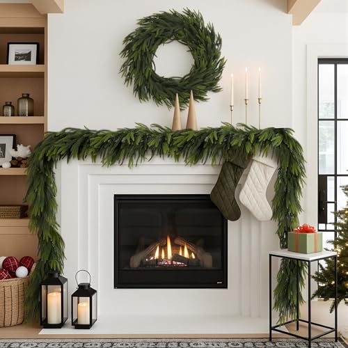 12FT Christmas Norfolk Pine Garland Real Touch Pine Artificial Garlands Faux Greenery Garland Winter Christmas Garland for Table Mantle Fireplace Indoor Outdoor Xmas Decorations (12 Foot)