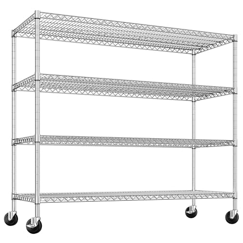 55.5''W Storage Shelves 2500LBS Wire Shelving Unit with Wheels Heavy Duty Metal Shelves for Storage Adjustable Garage Storage Rack Pantry Shelf Kitchen Shelving (4 Count)