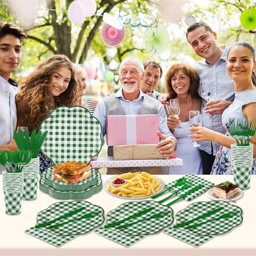 350 Pcs Green Gingham Plates and Napkins Party Supplies