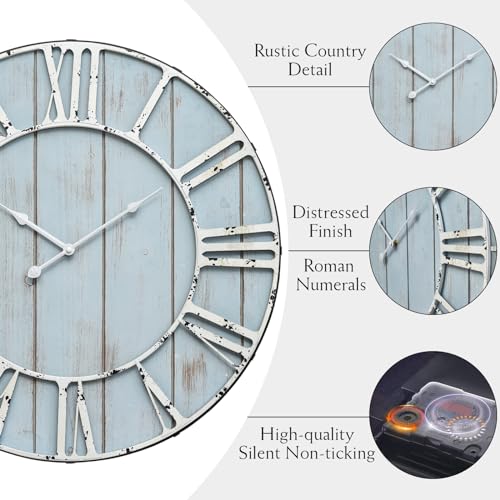 Large Farmhouse Wall Clock 24 Inch Vintage Blue Wooden Wall Clock with Quiet Ticking and Minimalist Roman Numerals for Bedroom Living Room Office Kitchen Home Decor