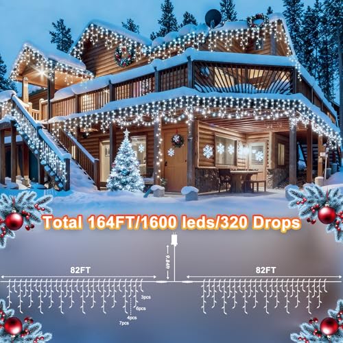 164FT 1600 LED Christmas Lights Outdoor Decoration White Timer 8Modes Hanging Fairy String Lights with 320 Drops