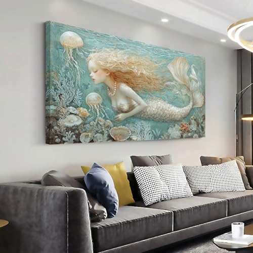 Ocean Mermaid Wall Art for Girls Room Modern Canvas Prints Marine Organism Underwater World Sea Creatures Artwork Paintings Women Bedroom Wall Decor