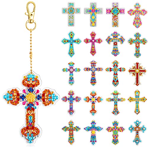 20 Pcs Diamond Art Painting Keychains Kits for Adults 5d Double Sided Cross Shaped Diamond DIY Painting Keychains Gem for Beginners Adults DIY Crafts Decor Gift Party