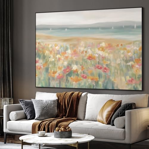 36"x46" Extra Large Framed Wall Art Coastal Flower Field with Sailing Boats Serene Landscape Illustration for Home Living Room Bedroom Decor