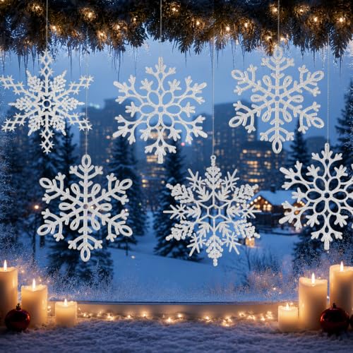 12pcs Large Silver Snowflakes Ornaments 12” Big Plastic Glitter Snowflake for Winter Indoor Outdoor Christmas Tree Window Room Decorations Giant Craft Snowflakes (12 Count)