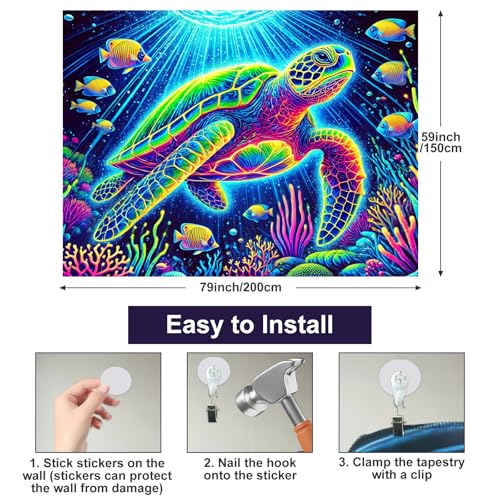 Blacklight Tapestry Sea Turtle Wall Hanging 78 x 59 Inch