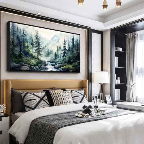 Black Framed Canvas Wall Art For Living Room Large Wall Decor For Office Bedroom Decoration Misty Forest Picture Tree landscape Paintings Artwork Wall Mural Aesthetic Home Decor 30x60 In