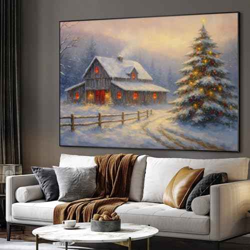 46"x60" Extra Large Framed Wall Art Rustic Winter Cabin with Christmas Tree and Snowy Landscape for Home Living Room Bedroom Decor