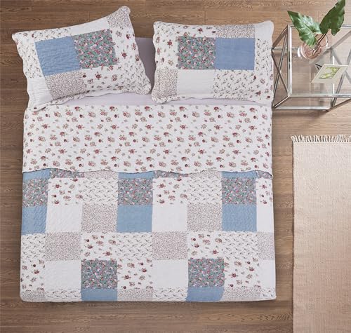 Pink Roses & Blue Checks Patchwork Quilt Set