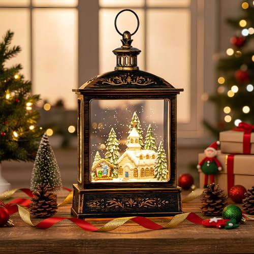 Christmas Snow Globe Lantern Water Glittering Churche & Manger Scene with Music & Timer
