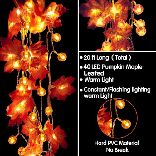 2 Pack Fall Garland with Pumpkin Lights Total 40LED 20Ft Battery Operated (2 Count)