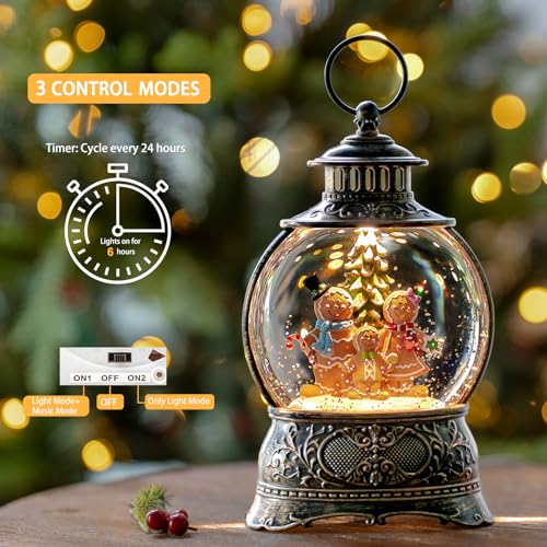 Christmas Snow Globe Lantern Water Glittering Gingerbread Family with Music& Timer