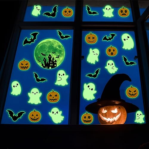 3 Sheets Glow in the Dark Halloween Window Clings Luminous Halloween Window Stickers Pumpkin Ghost Wall Decor Glowing Window Clings for Scary Halloween Theme Party Decorations