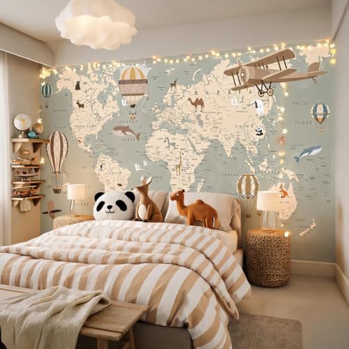 Animal Aircraft Map Peel and Stick Wallpaper for Kids Room