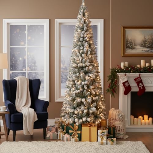 Salzburg 7.5ft Frosted Prelit Slim Artificial Christmas Tree with 1102 Branch Tips