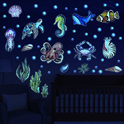 52 Pcs Ocean Fish Wall Decals Glow in The Dark Under The Sea Wall Decals Sea Life Animals Stickers Removable Waterproof Peel and Stick Decal for Girl Boy Kids Bedroom Nursery Bathroom (4 Count)