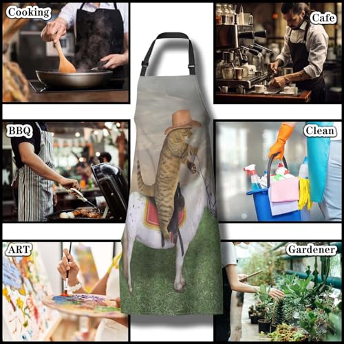 Kitchen Aprons for Women the Cat Cowboy on a Horse Mans Cooking Apron for Cooking Restaurant BBQ Painting Crafting Gardening 27”
