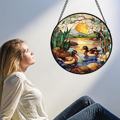 Stained Glass Window Hanging Duck Pond Suncatcher Gifts for Women 6.3"