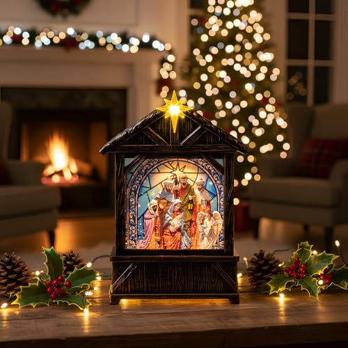 Christmas Snow Globe Lantern Water Glittering Nativity Manger with Star