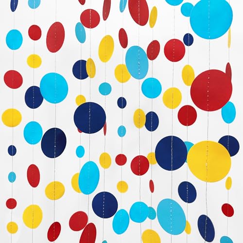 Red Blue Yellow Party Decorations Circle Dots Garland Hanging Paper Polka Dot Streamer for Carnival Circus Clown Fiesta Festivals Birthday Wedding Bridal Shower Wedding Shower Party Supplies