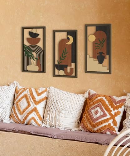 Boho Wall Art Set of 3 Modern Minimalist Wooden Wall Decor Abstract Terracotta Room Decorations Mid Century Artwork for Living Room Bedroom Office in Terracotta Noir 16.5 x 8.6 Inch (3 Count)
