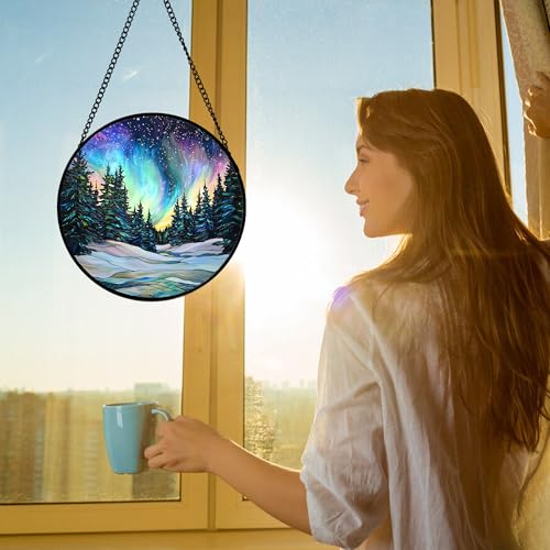 Aurora Landscape Stained Glass Window Hanging Suncatcher Xmas Gifts 12"