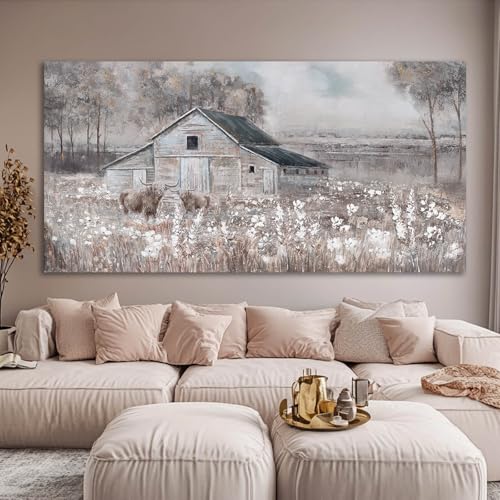 Cow Home Wall Decor Floral Canvas Print Room Decorations 29"x58" Large Pictures for Living Room Wall Art for Dining Room Area