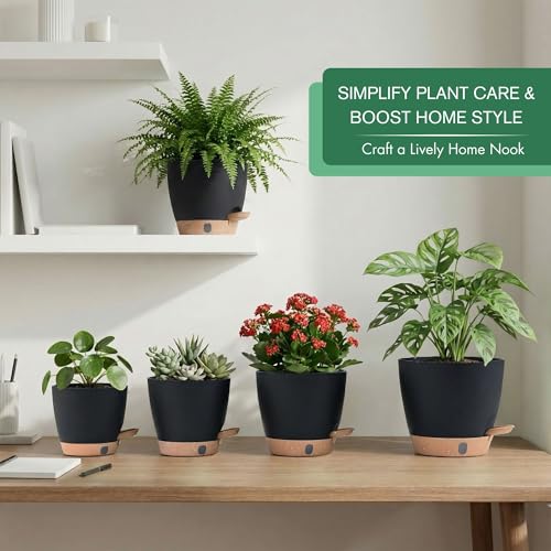 5-Pack Self-Watering Plastic Plant Pots 5/5.5/6/6.5/7 Inch– Black Indoor Flower Pots with Wick & Water Tray for Herbs, Succulents, Seedlings, Small Plants (5 Count)