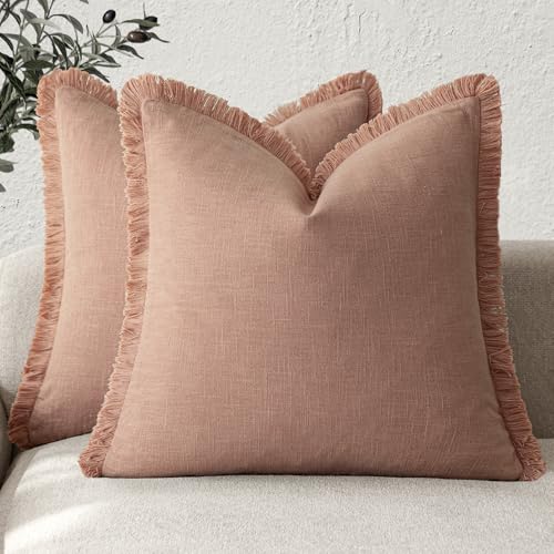 Decorative Linen Fringe Throw Pillow Covers 20×20 Coral Pink (2 Count)