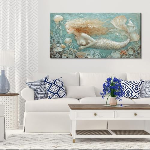 Ocean Mermaid Wall Art for Girls Room Modern Canvas Prints Marine Organism Underwater World Sea Creatures Artwork Paintings Women Bedroom Wall Decor