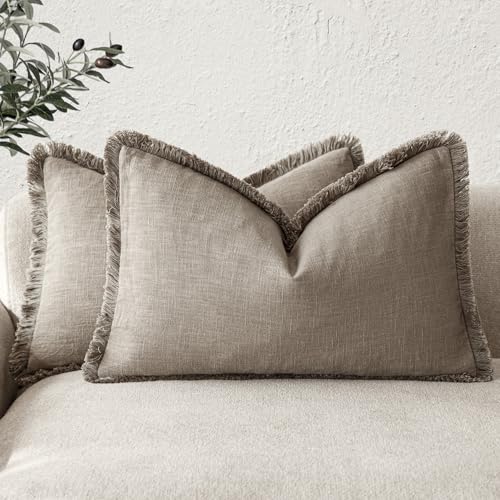 Boho Linen Fringe Lumbar Throw Pillow Covers 12×24 Brown Tan (2 Count)