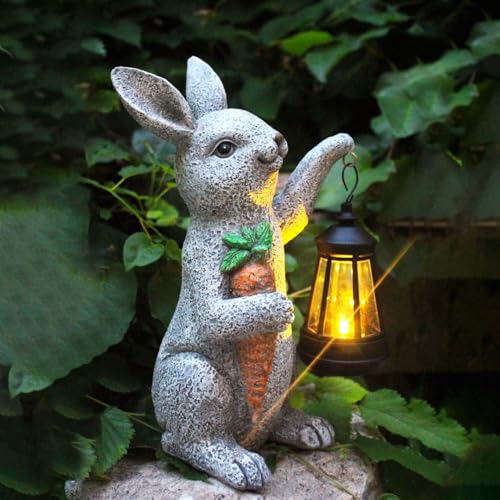 Solar Rabbit Garden Statue with Lantern Bunny & Carrot