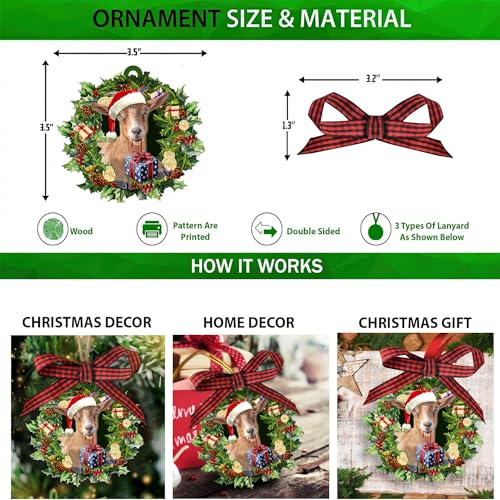 Goat Wearing A Christmas Hat Wreath Farm Animal Lover 2D Flat Christmas Tree Wood Ornament Decor Wooden Hanging Decoration House Present Xmas Eve Keepsake Decorative