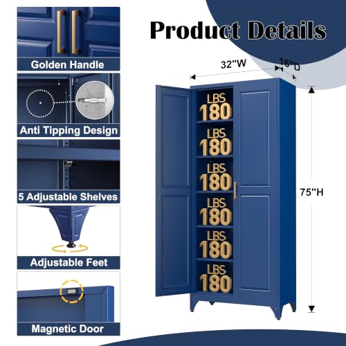 75”Metal Pantry Storage Cabinet with Doors & 5 Adjustable Shelves