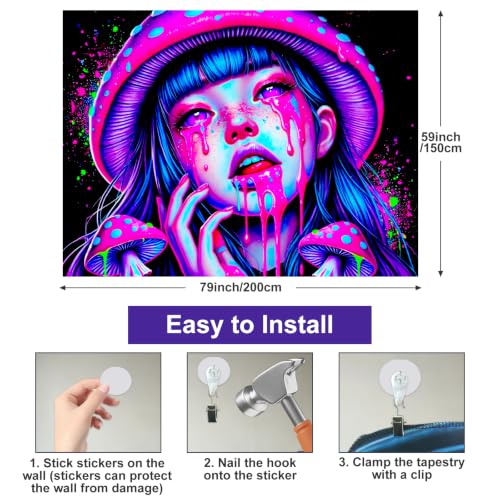Blacklight Tapestry Girl 78x59 Inch Blacklight Mushroom Tapestry