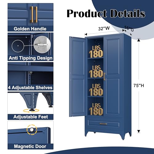 75" Metal Storage Cabinet with Doors and 3 Adjustable Shelves