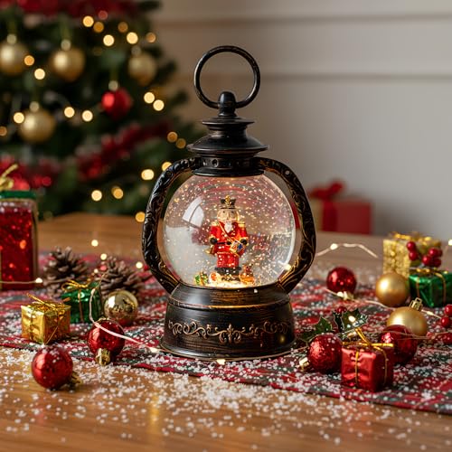 Christmas Snow Globe Lantern Water Glittering Nutcracker with Music & Timer