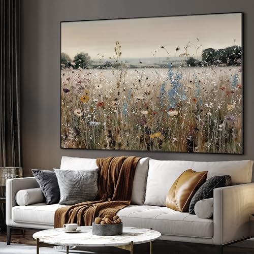 46"x60" Extra Large Framed Wall Art Wildflower Meadow Landscape Soft Pastel Field Illustration for Home Living Room Bedroom Decor