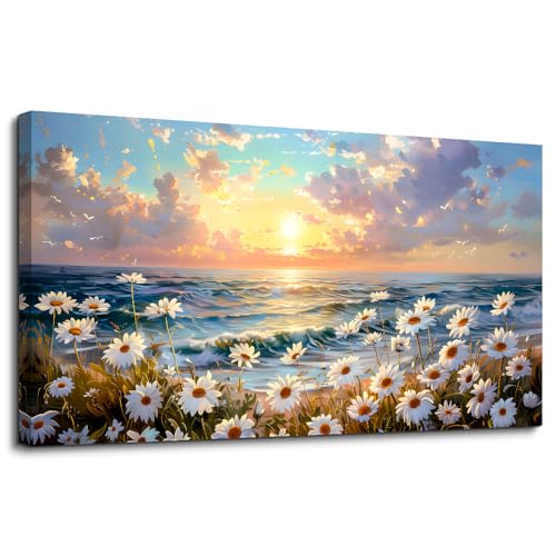 Large Canvas Wall Decor For Restaurant Wall Art For Living Room Bedroom Decor Beach With Waves Landscape Painting White Flowers Painting Artwork Office Bathroom Home Decoration 30x60 In