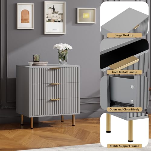 Fluted Grey 3 Drawer Dresser for Bedroom with Deep Drawers