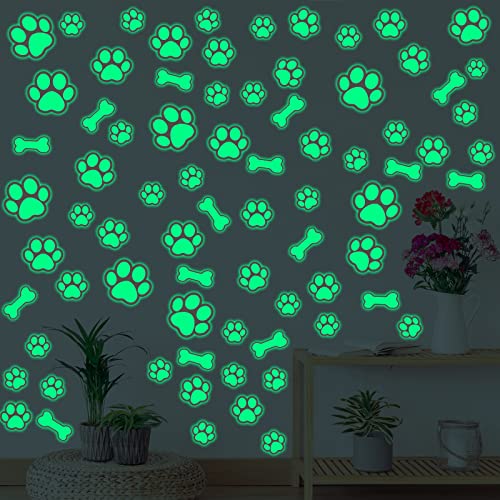 127 Glow in The Dark Dog Paw Stickers Luminous Removable Vinyl Wall Decals for Kids Nursery Bedroom
