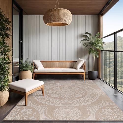 Medallion Outdoor Rug 10x14 Washable Outside Carpet for Indoor Patio Porch Waterproof Easy Cleaning Non Shedding Area Rugs Beige 10 x 14