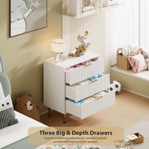 Fluted White 3 Drawer Dresser for Bedroom with Deep Drawers