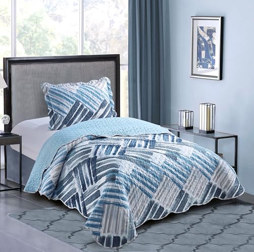 Blue Grey Stripes & Blocks Patchwork Quilt Set (2 Piece Set)