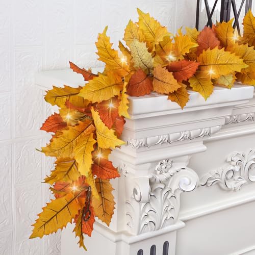 2PC Realistic Fall Garland for Mantle 6FT Fall Leaves Garland With Lights (2 Count)